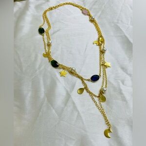 Zara limited edition raw stone, pearl with gold plated brass boho necklace